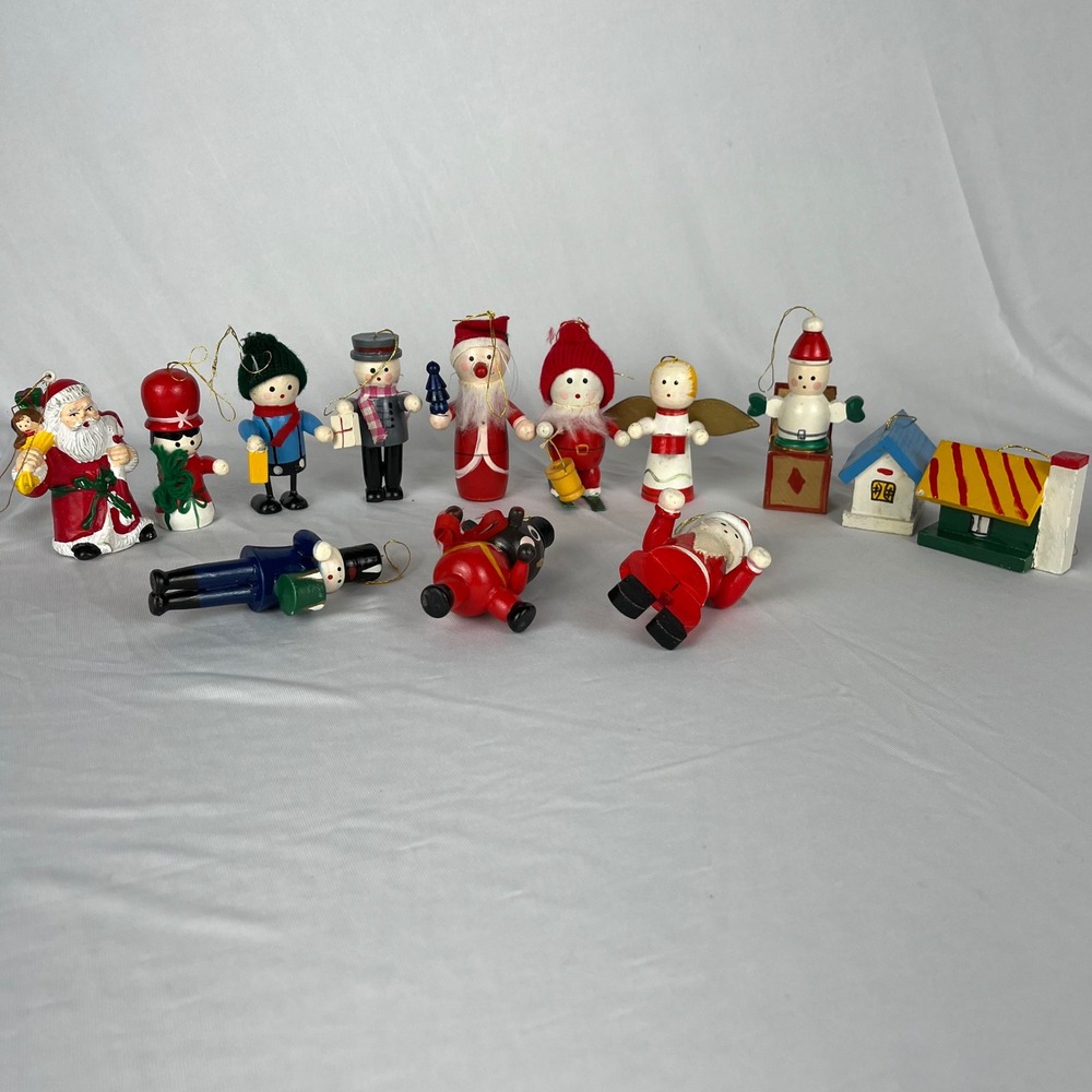 Vtg Lot 13 Miniature Christmas Tree Ornaments Wooden Painted Figures 1 Plastic‎